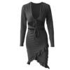 Deep V cut out long sleeve dress with ruffle and buttock skirt