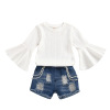 Knitted flared sleeve top denim pierced nail chain drill shorts suit