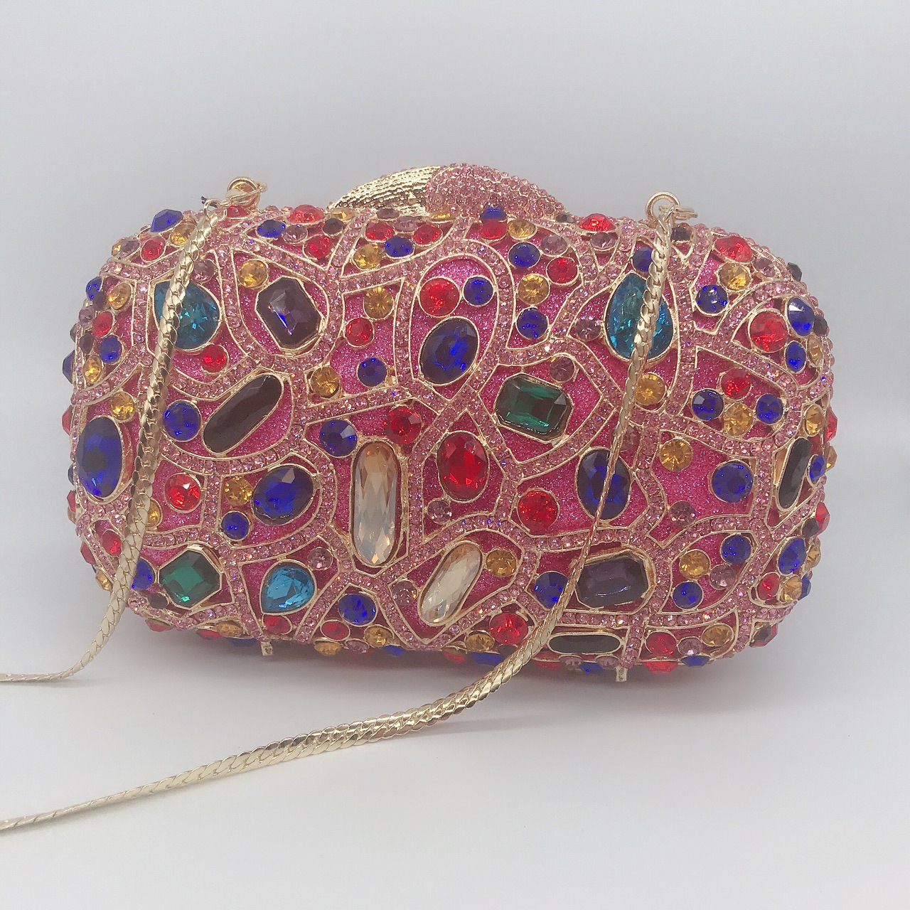 Túi clutch dạ hội nữ đính đá kim cương hộp cứng kim loại dây xích — Màu vàng chi tiết 8