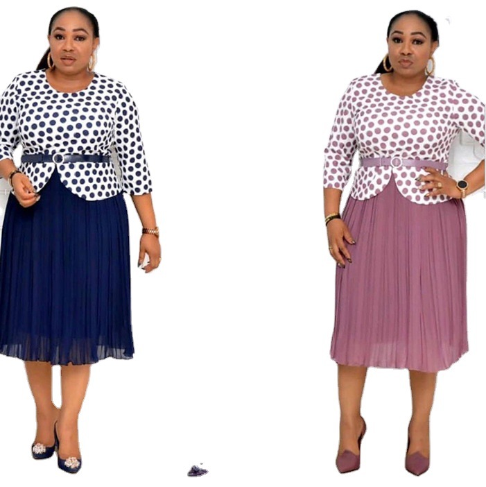 African Mom'S Polka Dot Slit Top Pleated Chiffon Skirt Plus Size Two Piece Set