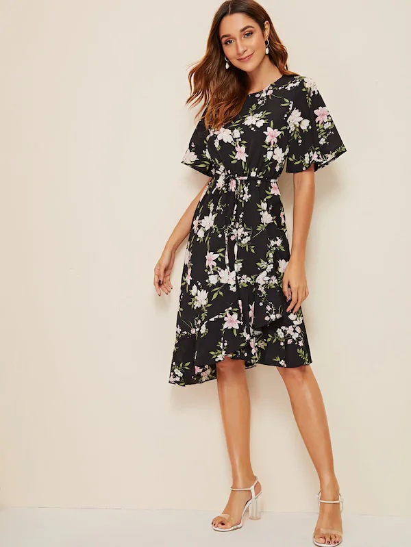 print ruffled hem belt dress NSCX9567