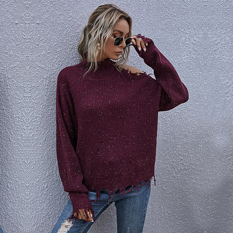 Loose Shoulder-length Ripped Long-sleeved High-neck Autumn Knitted Sweater Women's Autumn Popular Women's Clothing