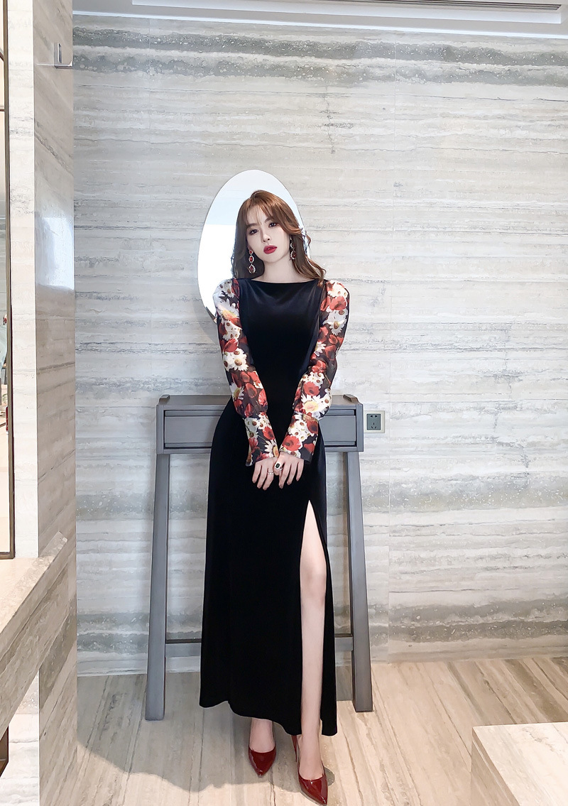 Đầm liền thân nhung đen dài tay in họa tiết retro dáng ôm — Màu đen chi tiết 12