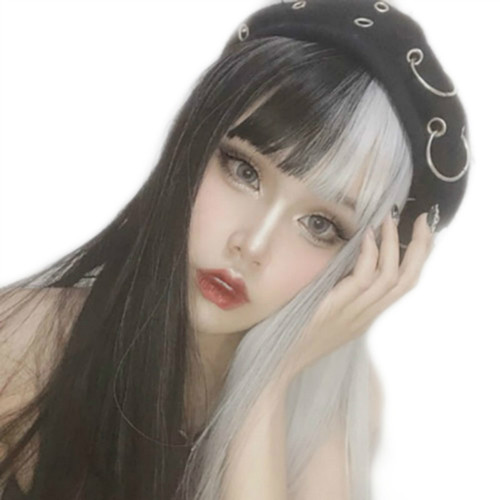 Cosplay anime wig female black and white yin and yang color air bangs long straight hair female chemical fiber wig AliExpress new style