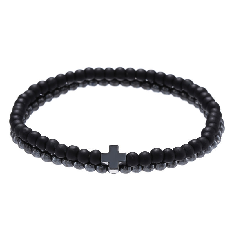 Nueva Moda Simple 4mm Cuentas De Cobre Negro Mate Usar Cruz Elástica Pulsera De Traje display picture 7