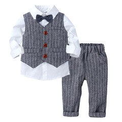 European and American Amazon Boys Gentleman Suit Spring Autumn New Children's Vest White Shirt Striped Pants Three-piece Set