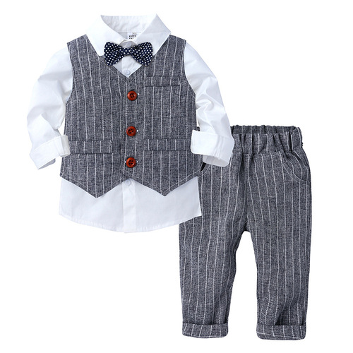 European and American Amazon Boys Gentleman Suit Spring Autumn New Children's Vest White Shirt Striped Pants Three-piece Set