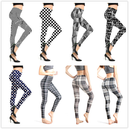 9257 European and American classic fashion striped checkered print leggings elastic sports nine-quarter pants