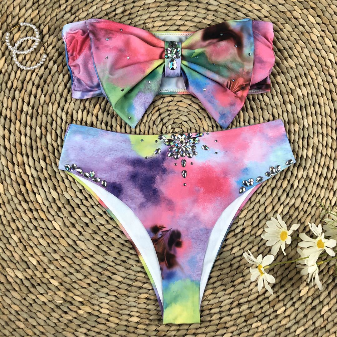 bikini de cintura alta con abertura en la parte superior del tubo de lazo con efecto tie-dye de diamantes NSZO2603