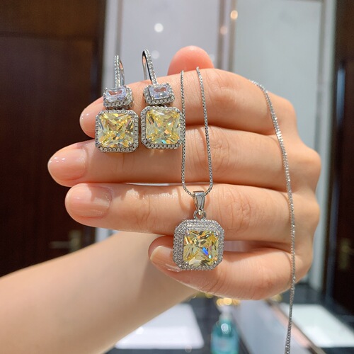 Zhuang Shengsheng Jewelry: Popular Online Live Stream Bestsellers — Faux Yellow Diamond Pendant Earrings & Necklace Set for Women, Featuring Colorful Gemstones