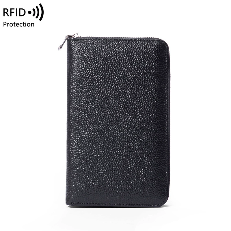 Кожаный паспортник, длинный кошелек из козьей кожи с защитой RFID, молния и цепь
