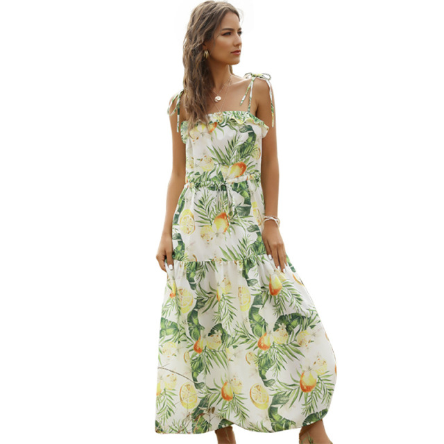 Long dress with halter tie and fruit print