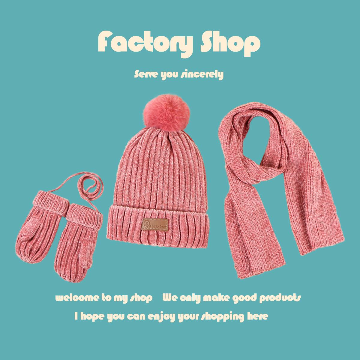 Children's Pink Hat Scarf Gloves Three-piece Set display picture 3