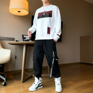 Autumn new men's sweater suit trendy versatile loose Korean style sportswear round neck student casual two-piece suit