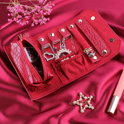 多功能便携首饰手拿收纳包鳄鱼纹纤绒布珠宝饰品首饰盒首饰卷定制|ms