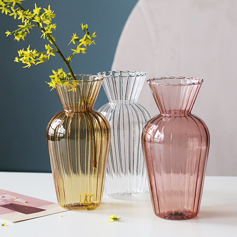 Vintage glass jar-shaped vase water culture striped French art creative home decor accent piece INS style fresh and clean