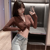 V-neck low chest open navel short T-shirt long sleeve top single T-shirt