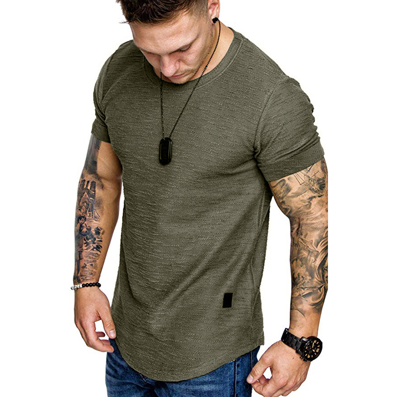 Men T-shirt Slub Cotton Fashion Leather Label Round Neck Casual Short