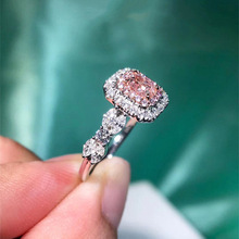 镀18K白金彩钻粉钻分色戒指 欧美公主方形群镶订婚指环女
