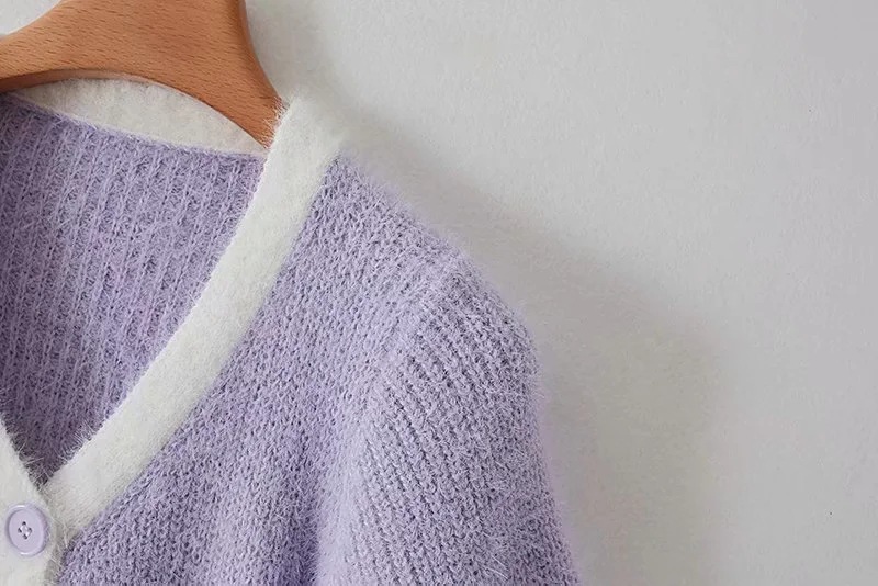 Slim Short Purple Short-Sleeved Knitted Sweater Cardigan NSZQW115406