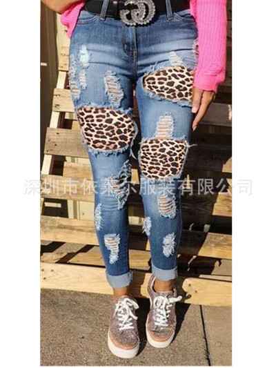 跨境新款牛仔裤女亚马逊高弹修身破洞豹纹性感潮流欧美牛仔女长裤