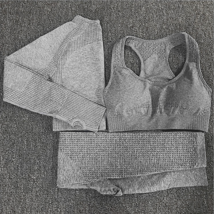 点点长袖瑜珈服套装三件套亚马逊秋冬运动文胸无缝运动裤瑜伽服女