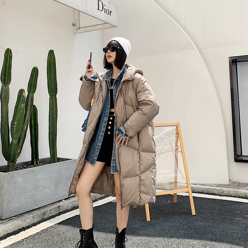 印橙2020年新款韩版宽松羽绒服女长款过膝连帽白鸭绒外套