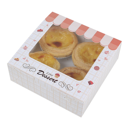 Thickened white cardboard square 4 egg tart packaging box with color printing egg yolk shortbread cookie dessert box with transparent window