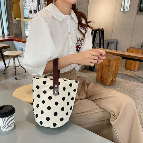 0542 ins French retro polka dot canvas bag lunch box portable bucket bag for women