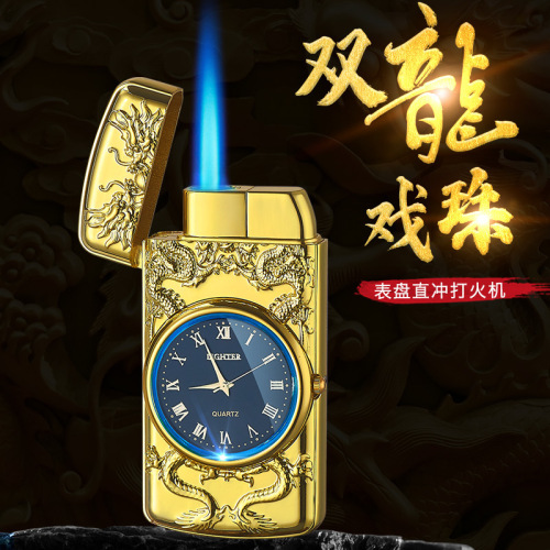 605 Dragon Play with Pearl Relief Watch, Inflatable Windproof Lighter with Real Watch Dial, LED Blue Light Ring