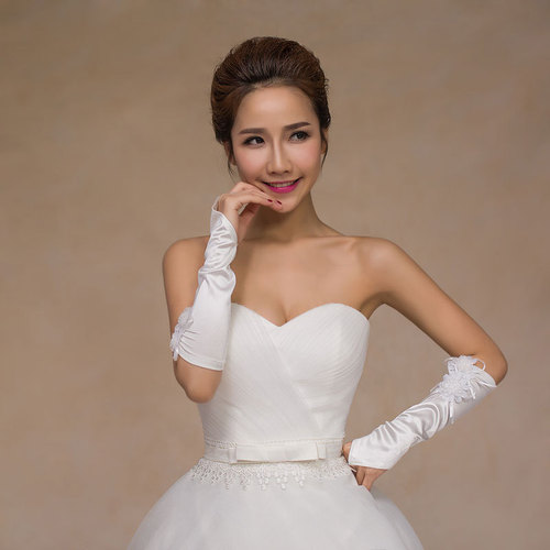 Long Hook Finger Double Chrysanthemum Stretch Satin Hand Sleeve Bridal Wedding Dress Gloves Wedding Style Decorative Flower Gloves