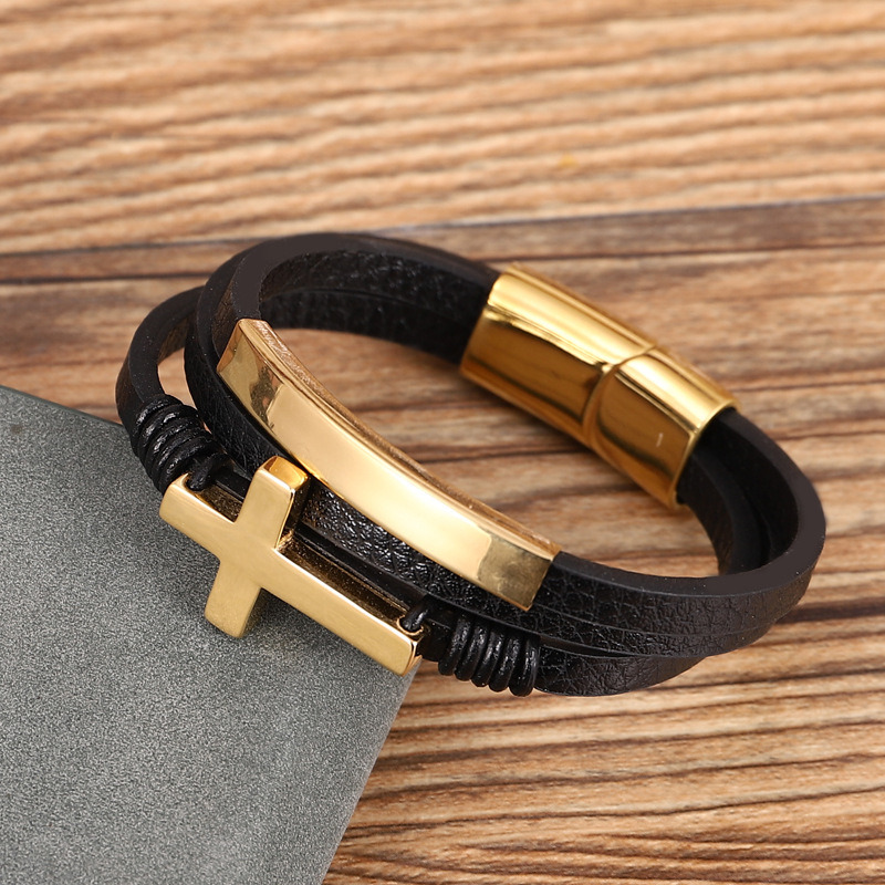 Retro Cross Stainless Steel Pu Leather Men's Bracelets 1 Piece display picture 3