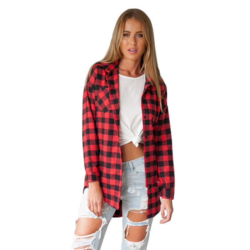 E - women's leisure loose irregular plaid shirt long sleeve