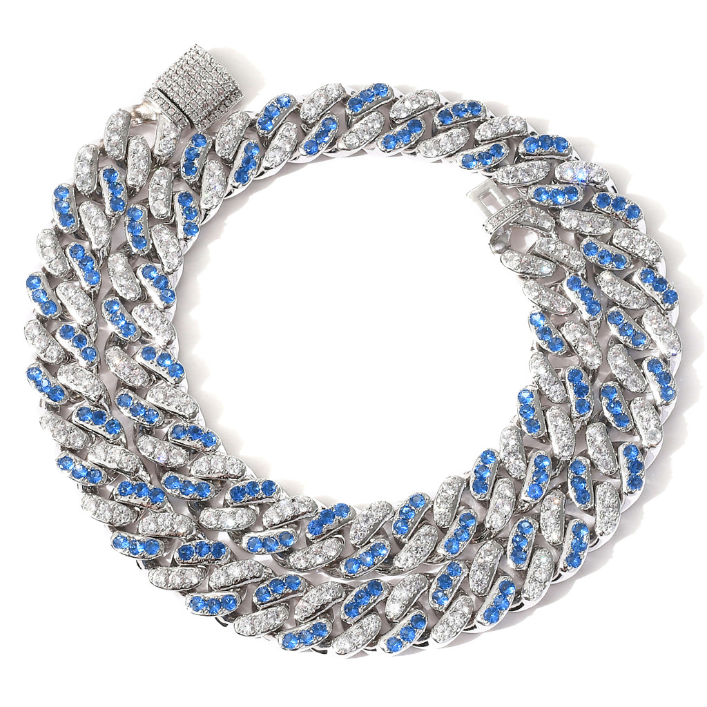 Hip-hop Necklace 12mm Micro-inlaid Sea Blue White Zircon Cuban Chain Hiphiop Hip-hop Trend Accessories