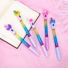 韩版led灯独角兽流沙笔抖音同款月亮独角兽流沙亮片圆珠笔仙女笔