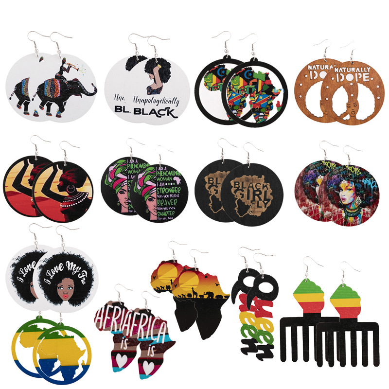 Cross-border Amazon African-style wooden round printed earrings European and American creative fashion earrings