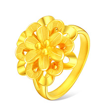花朵形镀黄金戒指女3D硬金跨年礼物转运珠花牡丹戒结婚金桃花戒指
