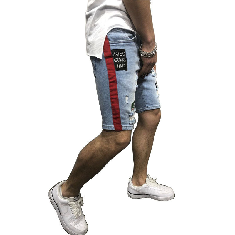 Foreign trade summer explosion men's fashion denim hole embroidered label shorts Europe and the United States loose straight jeans 8