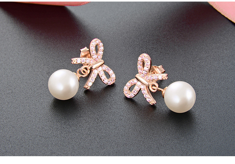 Korean Micro Diamond Bow Earrings S925 Silver Pearl Earrings display picture 3