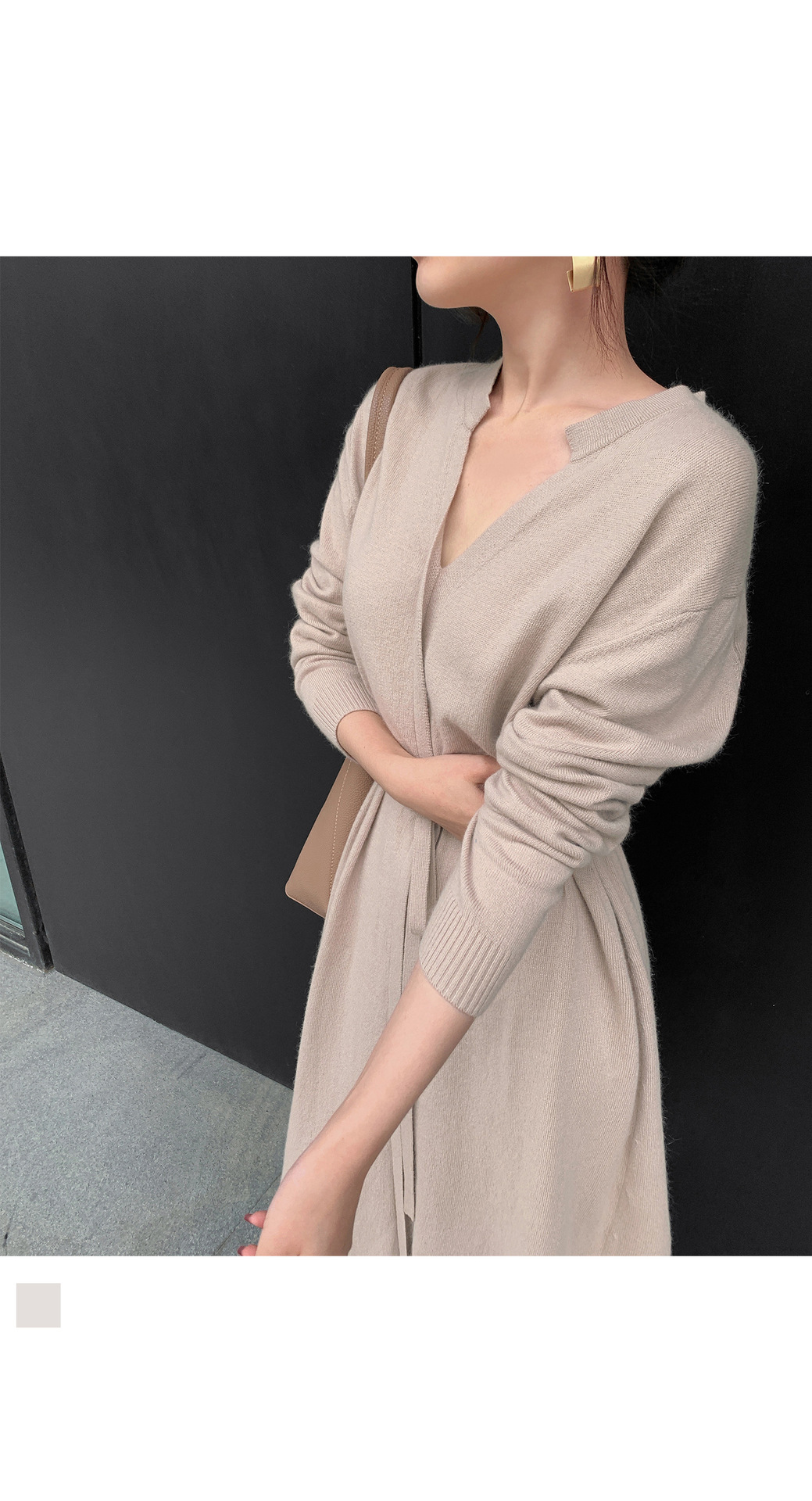 Dress Autumn Winter Simple Temperamental Slimming Solid Color Mid Length over the Knee Drawstring Waist Knitted Dress Women