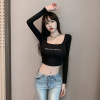 Sexy U-neck low chest letter print short bottomed shirt long sleeve top single T-shirt