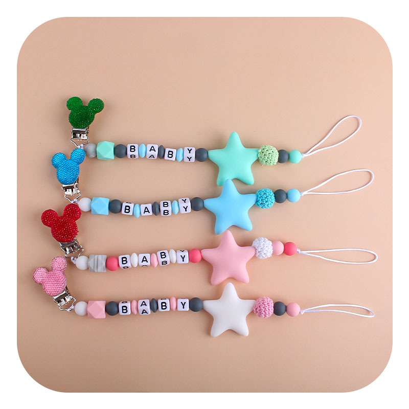 Suministros para bebés Mickey chupete clip calmante Cadena de chupete de silicona Big Star mordedor cadena anti-caída nombre del bebé