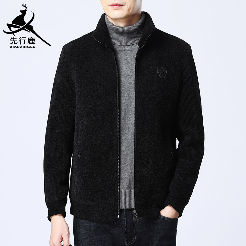 先行鹿2020夾克男秋冬裝呢子外套雪尼爾立領加厚外套中年男