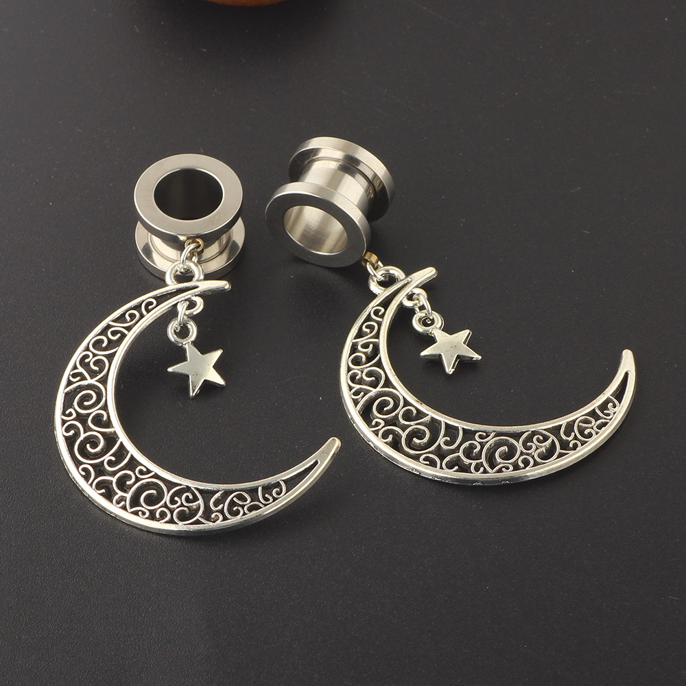 Personalized Stainless Steel Ear Earplug Star Moon Pendant Piercing Jewelry - Silver 25mm detail image 7