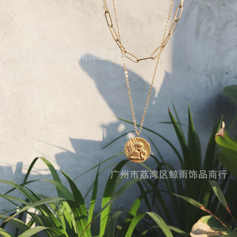 12g Weight Vacuum Plating Gold Plating Process 18K Gold Plated Plating Material 304 Stainless Steel Pendant Material Necklace Classification 304 Stainless Steel Chain Material 304 Stainless Steel Material Angel Pattern Women'S Gender Fashion Style Gold Color Wholesale Jewelry Fashion Angel 304 Stainless Steel 18K Gold Plated Necklace 无
