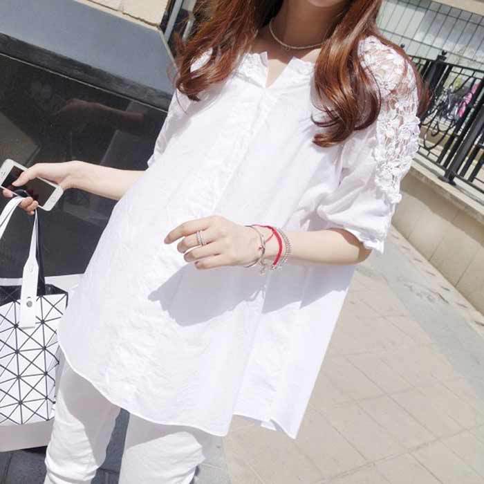 Chubby Girl's Spring Summer Large Size Mid-length Short-sleeved Shirt Loose Slimming Women's Off-the-shoulder Top Half-sleeve Hollow Lace Shirt