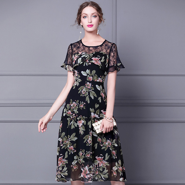 Floral dress mid length summer dress with lace stitching waist closing and thin print A-line skirt