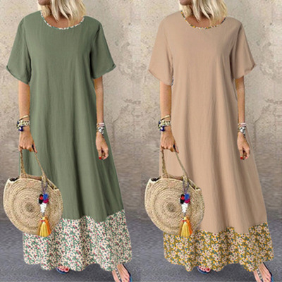 2020跨境亞馬遜歐美夏季棉麻圓領拼接複古印花連衣裙長裙女