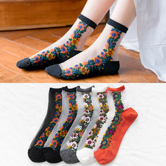 2020 Women's Spring and Summer New Glass Fiber Socks for Women Spring and Summer Retro Mesh Small Floral Socks for Women Women's Net Socks