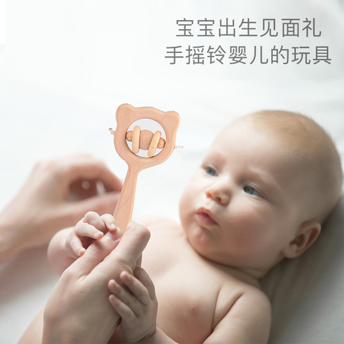Baby soothing grasping hand wooden rattle baby educational early education cartoon animal shape toy manufacturer wholesale